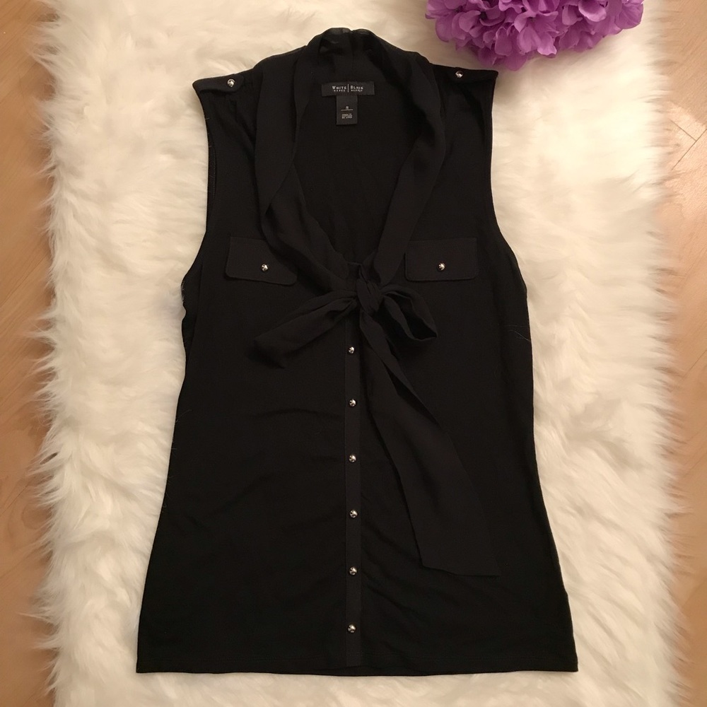 WHBM Black Blouse Silver Embellishments Button Bow